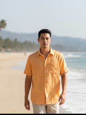 Conte Di Milano Men's Short-Sleeve Button-Up Shirt Light Orange 17 1/2 Pocket
